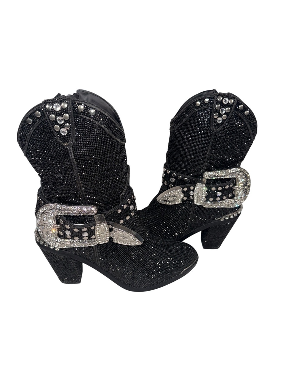 ClubExx Crystal Buckle Black Glitter Western Heeled Booties